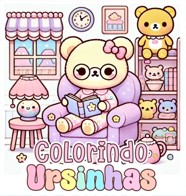 Capa original Colorindo Ursinhas: ursinha lendo em uma poltrona lilás