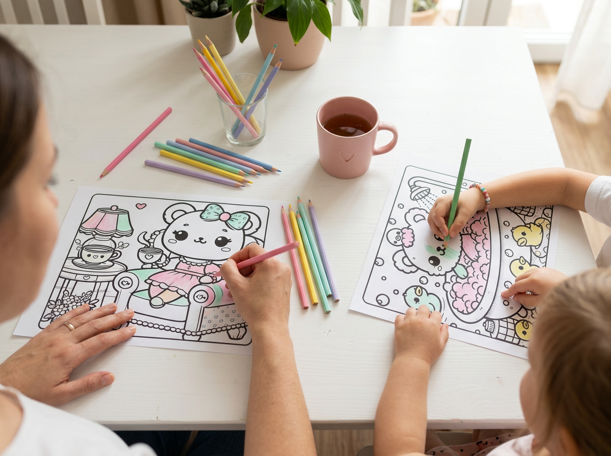 Cena ilustrativa de mãe e criança colorindo os desenhos das ursinhas juntas