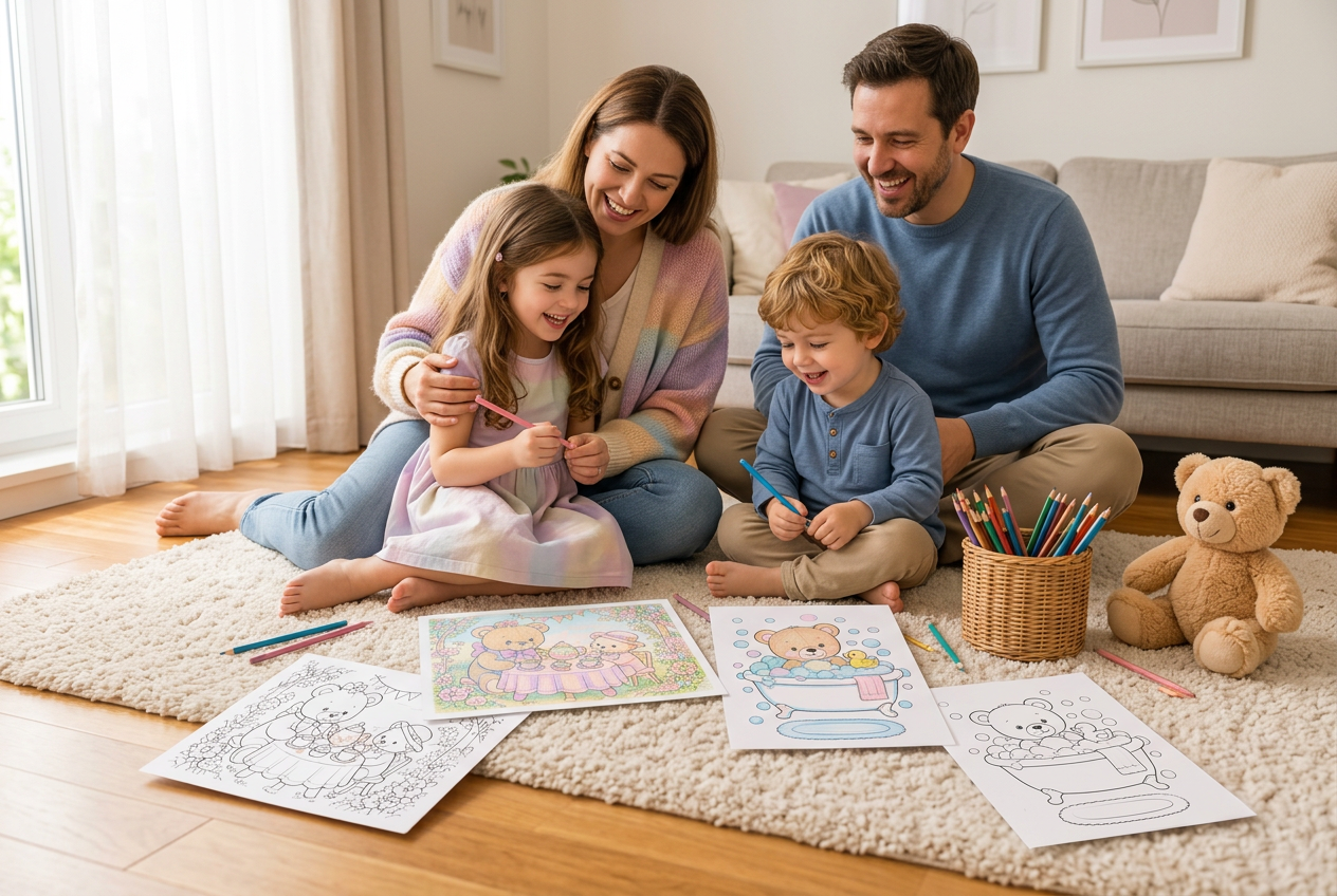 Família inteira colorindo as ursinhas no chão da sala: mãe, pai, menino e menina sorrindo, com folhas coloridas, pela metade e em branco