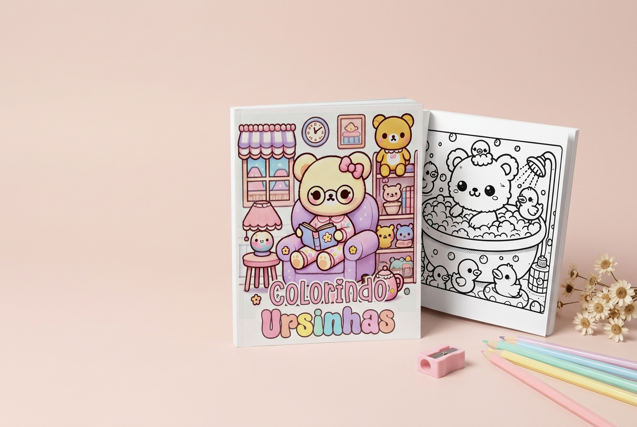 Mockup ilustrativo de Colorindo Ursinhas, com capa colorida, desenho para colorir e lápis em tons pastel